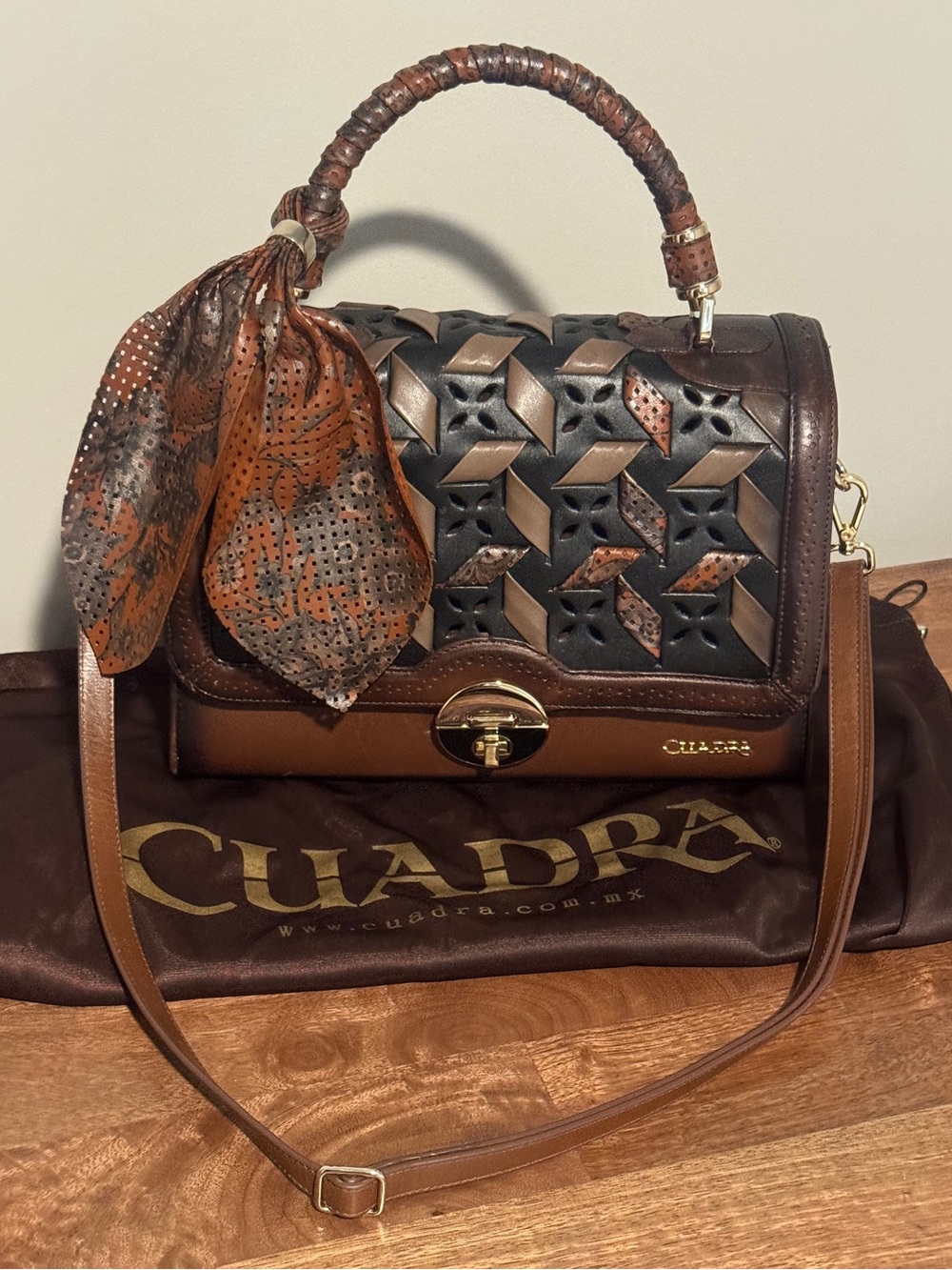 Cuadra Brown & Black Woven Leather Satchel with Scarf Accent